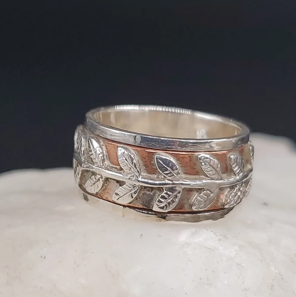 Sterling Silver 925/14k Rose Gold Ring Designer Silversmith Boho Leaf Branch